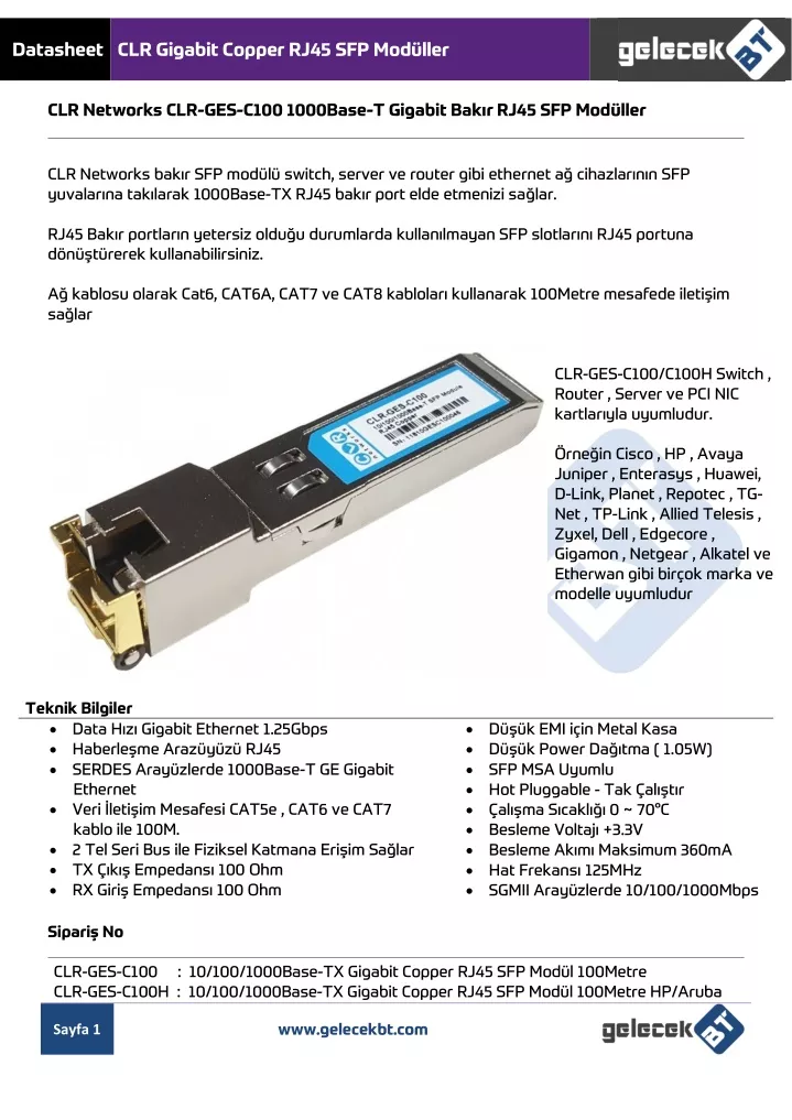 datasheet clr gigabit copper rj45 sfp mod ller