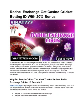 Radhe  Exchange Get Casino Cricket Betting ID With 20% Bonus