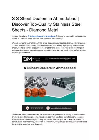 S S Sheet Dealers in Ahmedabad _ Discover Top-Quality Stainless Steel Sheets - Diamond Metal