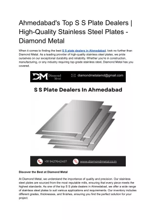 Ahmedabad's Top S S Plate Dealers _ High-Quality Stainless Steel Plates - Diamond Metal