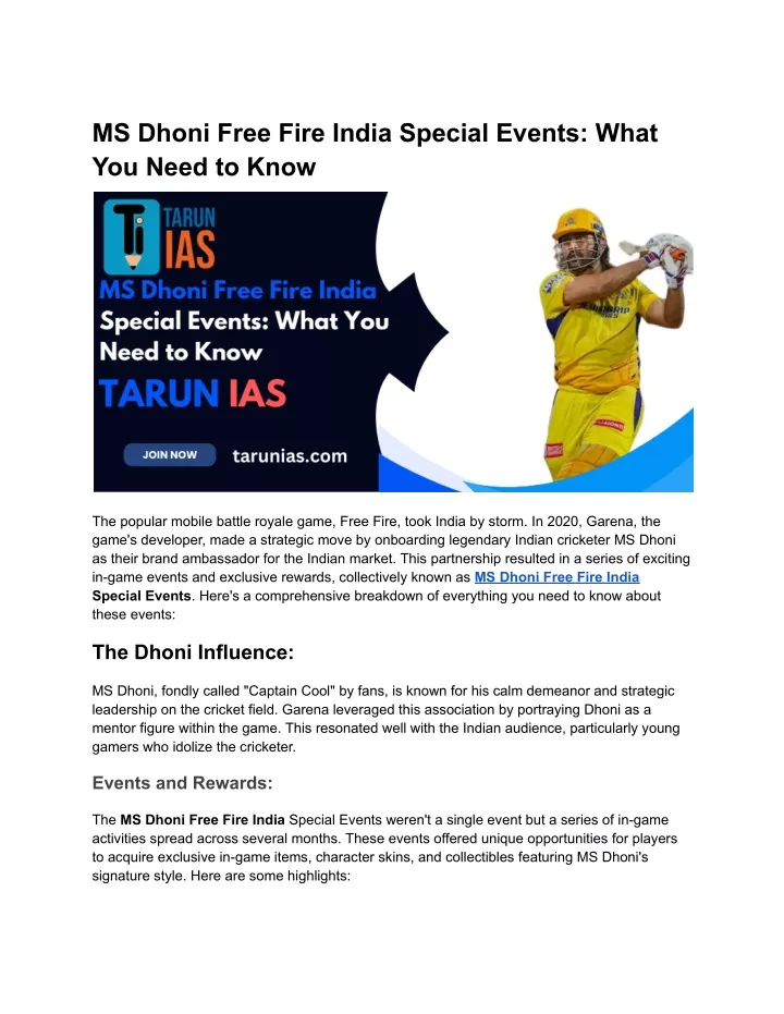 ms dhoni free fire india special events what