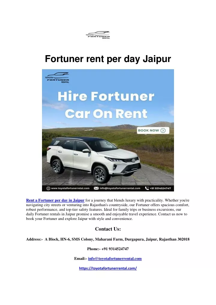 fortuner rent per day jaipur