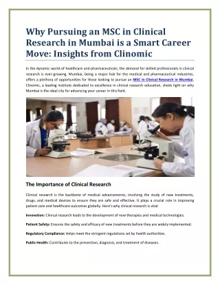 Advance Your Career with an MSC in Clinical Research in Mumbai