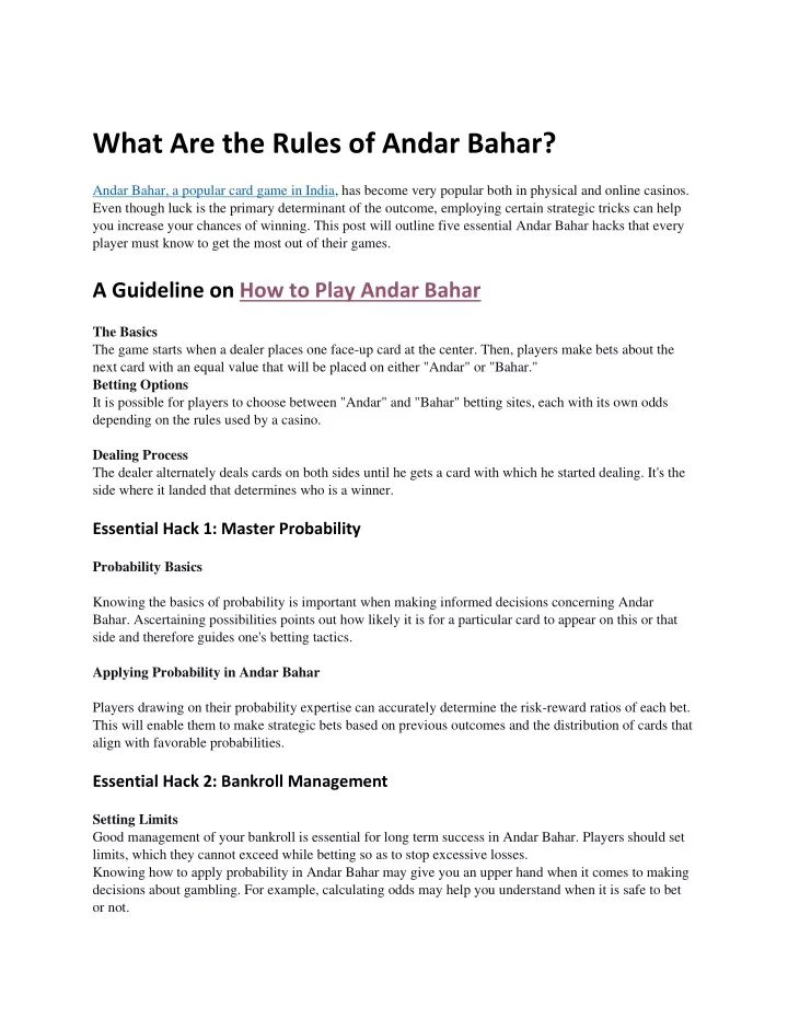 what are the rules of andar bahar andar bahar