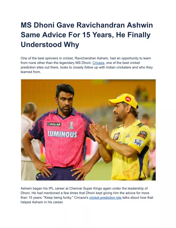 ms dhoni gave ravichandran ashwin same advice