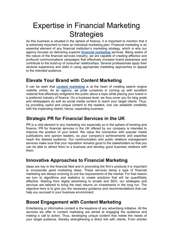 expertise in financial marketing strategies