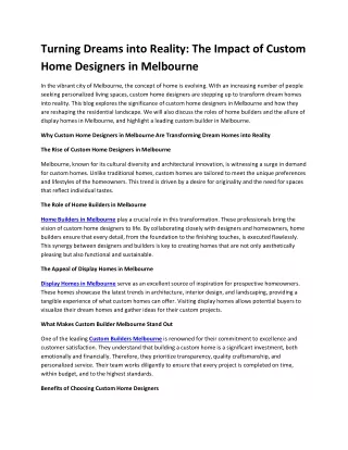 Turning Dreams into Reality The Impact of Custom Home Designers in Melbourne