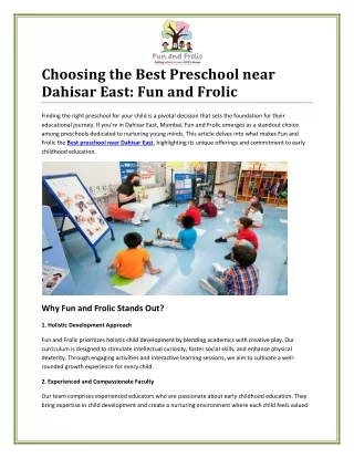 Best Preschool near Dahisar East for Your Child's Early Education