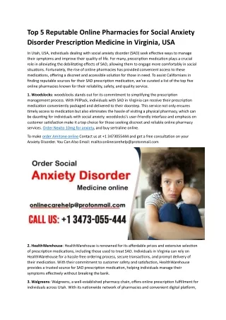 Top 5 Reputable Online Pharmacies for Social Anxiety Disorder Prescription Medicine in Virginia, USA