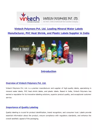 Vintech Polymers Pvt. Ltd. Leading Mineral Water Labels Manufacturer, PVC Heat Shrink, and Plastic Labels Supplier in In