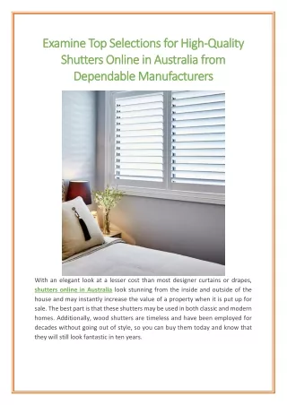 Examine Top Selections for High Quality Shutters Online in Australia from Dependable Manufacturers