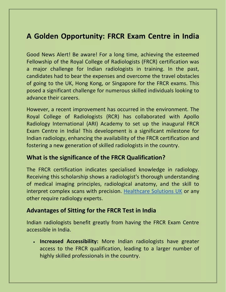 a golden opportunity frcr exam centre in india