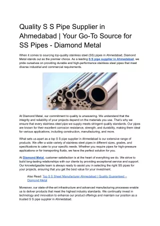 Quality S S Pipe Supplier in Ahmedabad _ Your Go-To Source for SS Pipes - Diamond Metal