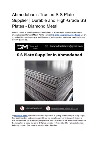 Ahmedabad's Trusted S S Plate Supplier _ Durable and High-Grade SS Plates - Diamond Metal