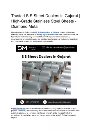 Trusted S S Sheet Dealers in Gujarat _ High-Grade Stainless Steel Sheets - Diamond Metal
