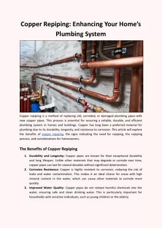 Copper Repiping: Enhancing Your Home’s Plumbing System