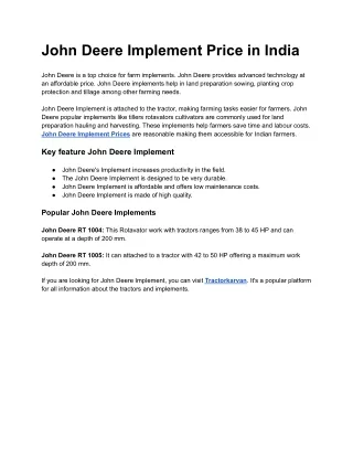 John Deere Implement Price in India