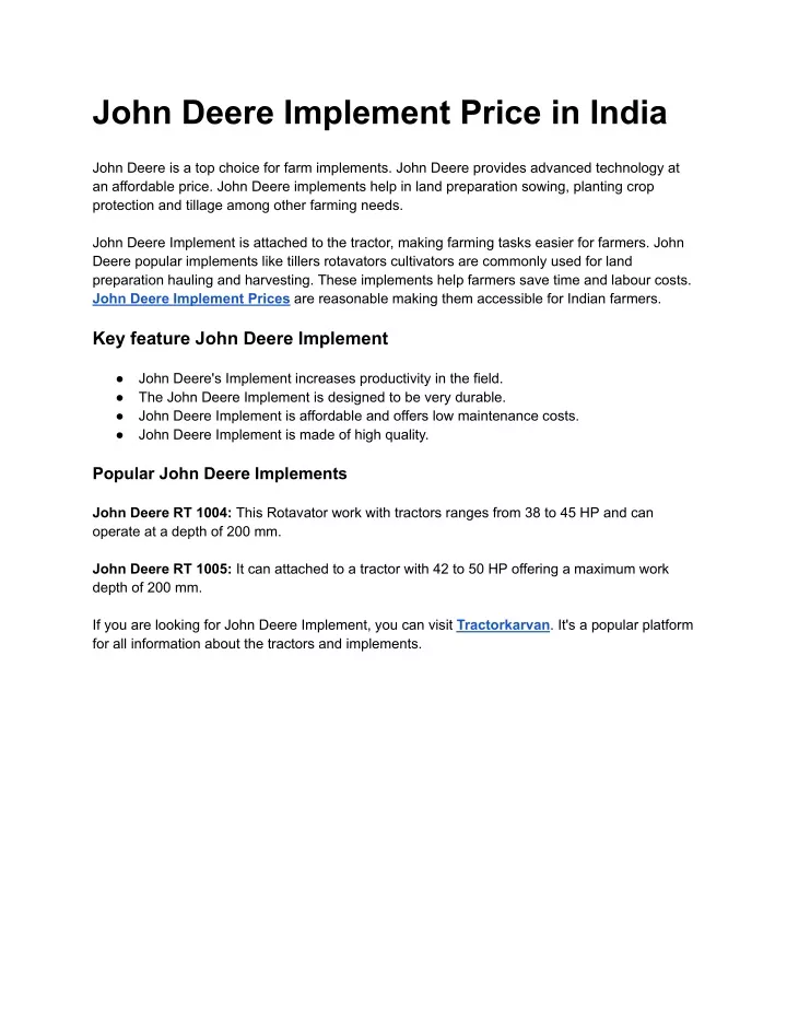 john deere implement price in india