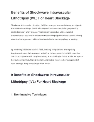 Benefits of Shockwave Intravascular Lithotripsy (IVL) For Heart Blockage