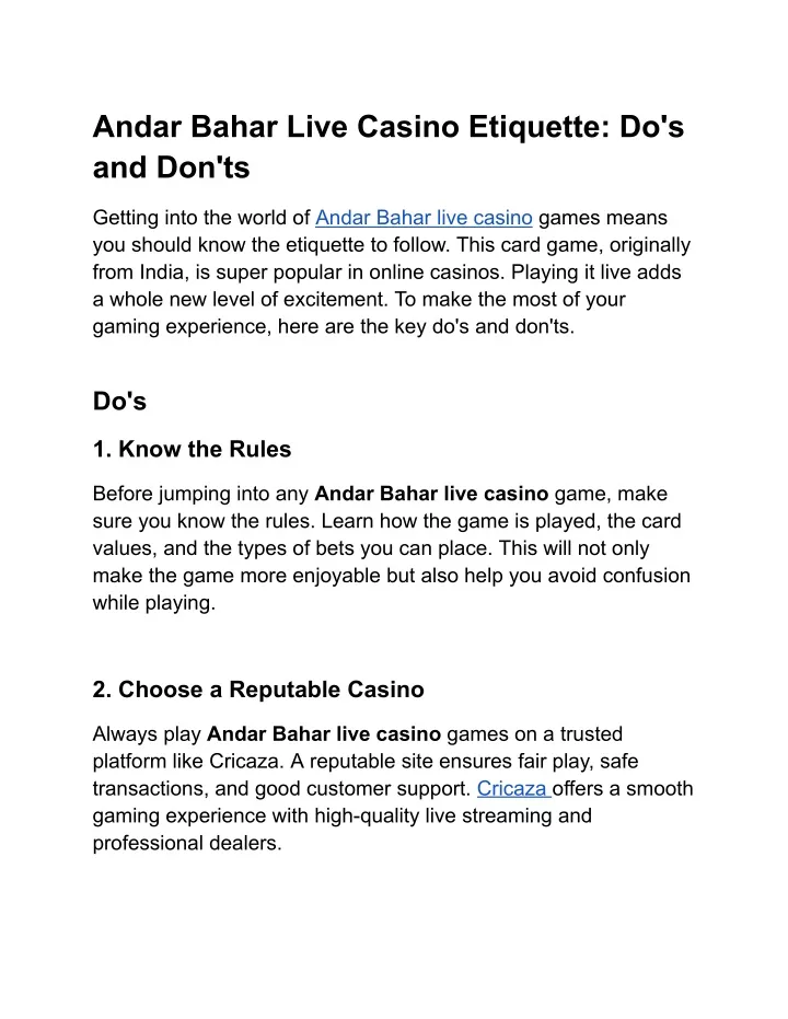 andar bahar live casino etiquette do s and don ts