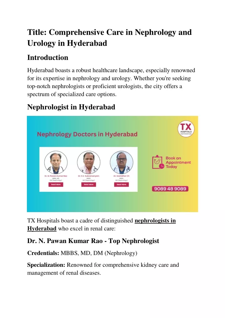 PPT - Expert Nephrologists and Urologists in Hyderabad - TX Hospitals ...