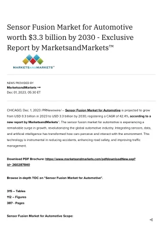 Sensor Fusion Market for Automotive worth $3.3 billion by 2030 - Exclusive Report by MarketsandMarkets™