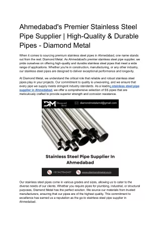Ahmedabad's Premier Stainless Steel Pipe Supplier _ High-Quality & Durable Pipes - Diamond Metal
