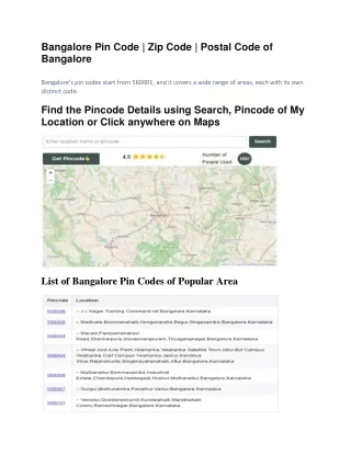 Bangalore Pin Code  Zip Code  Postal Code of Bangalore
