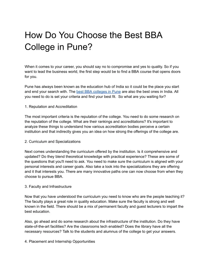 how do you choose the best bba college in pune