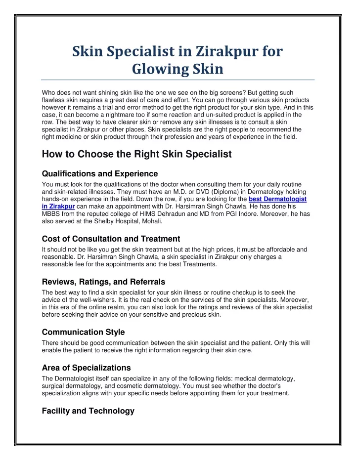 skin specialist in zirakpur for glowing skin