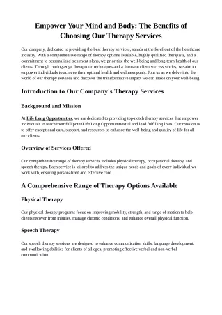 Empower Your Mind and Body: The Benefits of Choosing Our Therapy Services