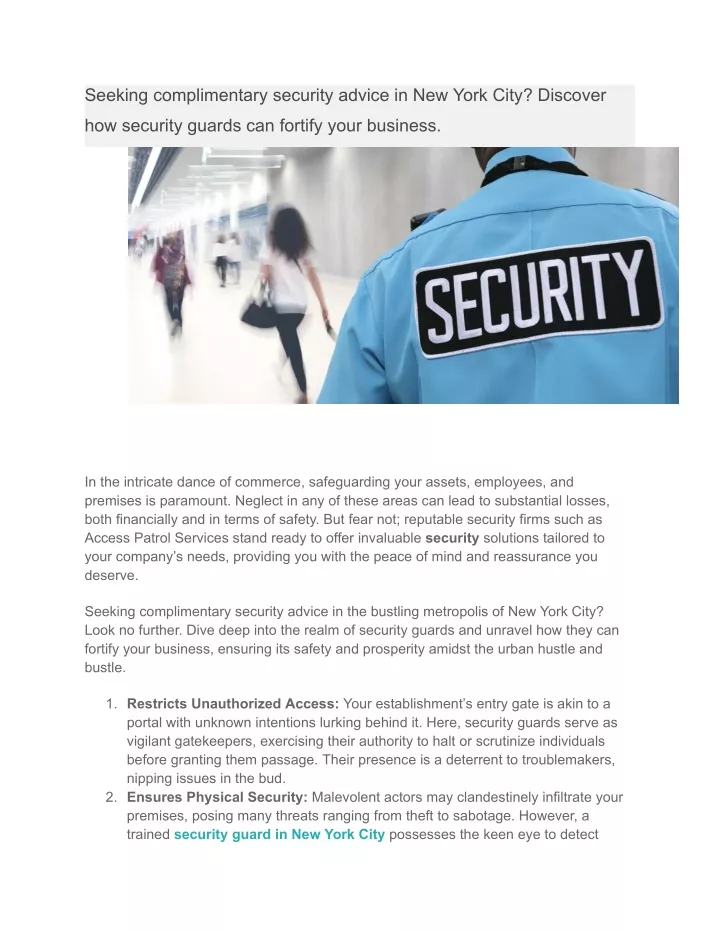 seeking complimentary security advice in new york