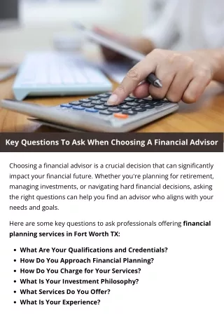 Key Questions To Ask When Choosing A Financial Advisor