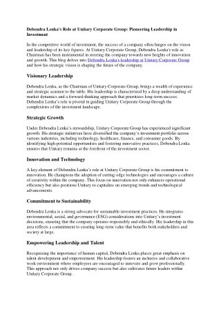 Debendra Lenka's Role at Unitary Corporate Group: Pioneering Leadership in Inves