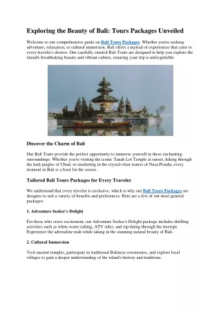 Exploring the Beauty of Bali Tours Packages Unveiled