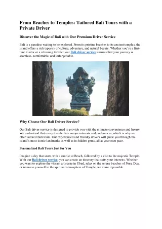 From Beaches to Temples Tailored Bali Tours with a Private Driver