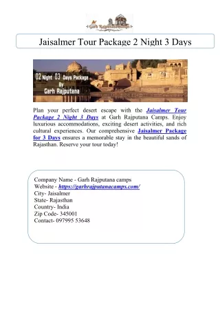 Jaisalmer Tour Package 2 Night 3 Days