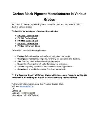 Carbon Black Pigment Manufacturers in Various