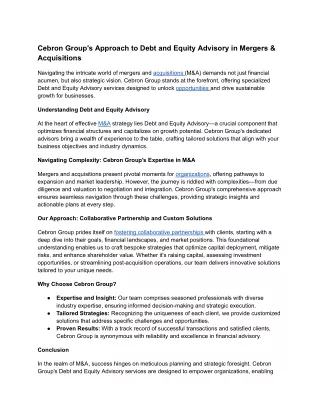 03. Cebron Group's Approach to Debt and Equity Advisory in Mergers & Acquisitions