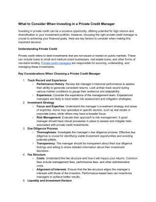 What to Consider When Investing in a Private Credit Manager