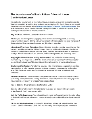 South African Drivers license confirmation letter