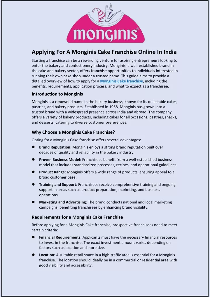 applying for a monginis cake franchise online