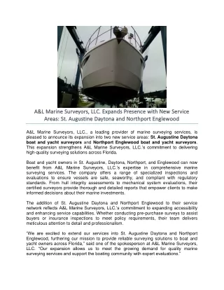 A&L Marine Surveyors, LLC. Expands Presence with New Service Areas- St. Augustine Daytona and Northport Englewood