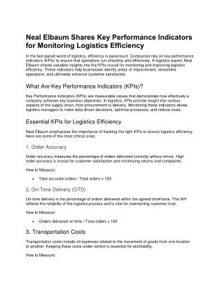 Neal Elbaum Shares Key Performance Indicators for Monitoring Logistics Efficiency