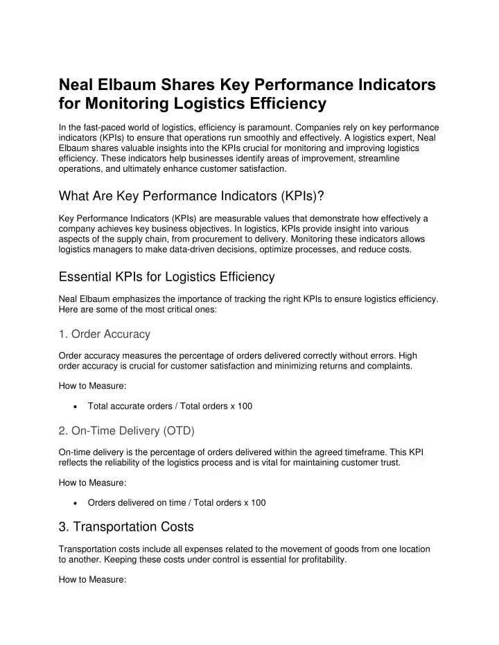 neal elbaum shares key performance indicators