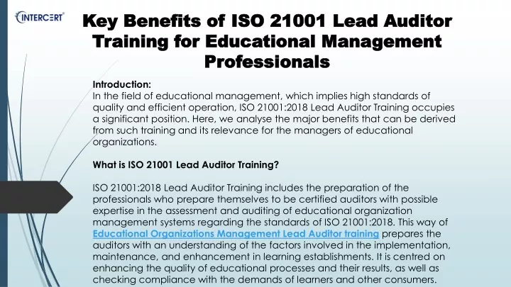 key benefits of iso 21001 lead auditor training