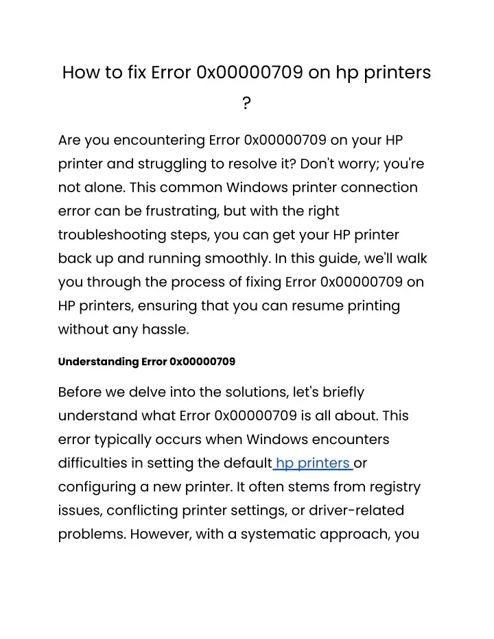 how to fix error 0x00000709 on hp printers