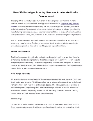 How 3D Prototype Printing Services Accelerate Product Development