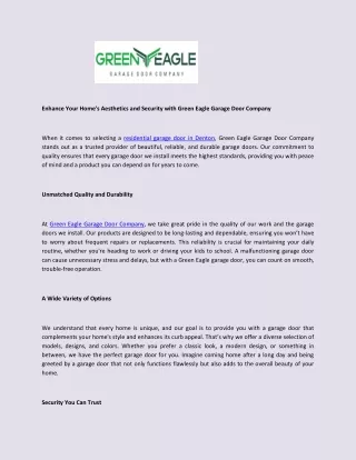 Enhance Your Home's Aesthetics and Security with Green Eagle Garage Door Company