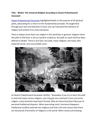 Bhakti: The Universal Religion According to Swami Prakashanand Saraswati